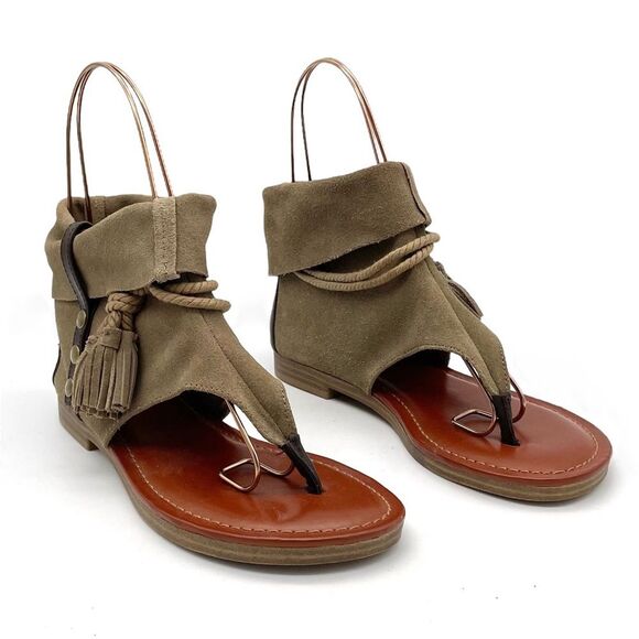 MIA Natasha Tan Stone Suede Boho Thong Ankle Wrap Tassel Sandal Women’s Size 7 - Picture 2 of 16